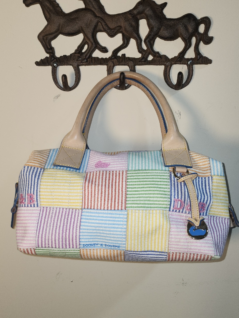 Dooney & Bourke Pastel Patchwork Stripe Leather Signature Satchel Colorful Purse